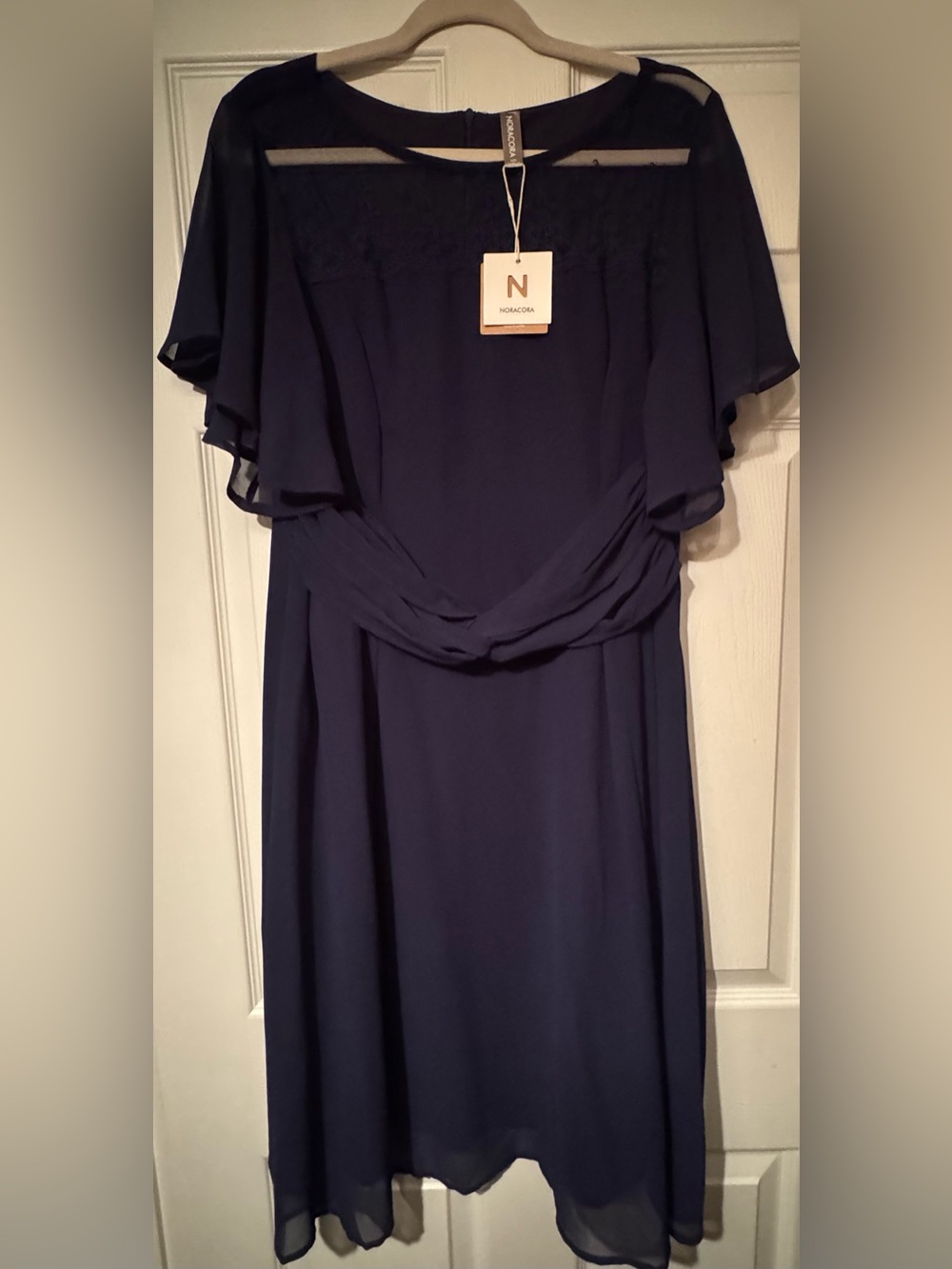 NWT Noracora Sz XL Navy Blue Midi Dress with Flutter Chiffon and Lace